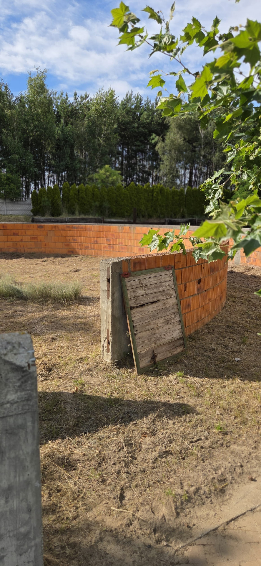 Nowy mur z cegły przy lesie — rozbudowa terenu Korzeni